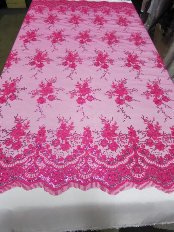 Fuchsia Floral Lace Sequin Fabric