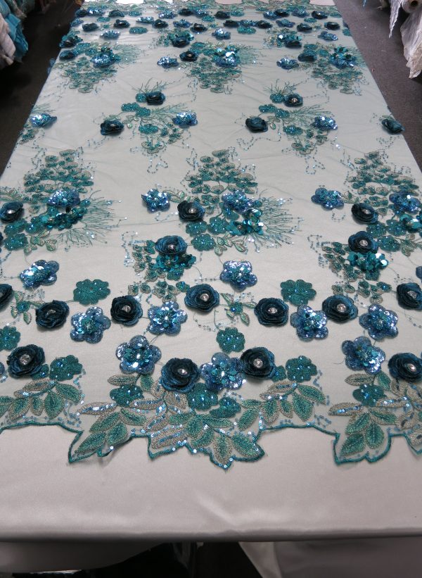 Turquoise Embroidered Beaded Sequin Mesh Fabric