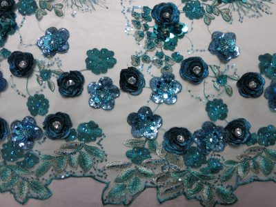Blue and Turquoise Embroidered Beaded Sequin Mesh Fabric with Crystals