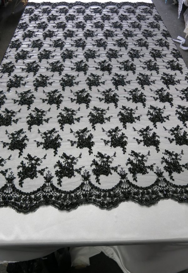 Black Floral Embroidered Beaded Lace Sequin Mesh Fabric