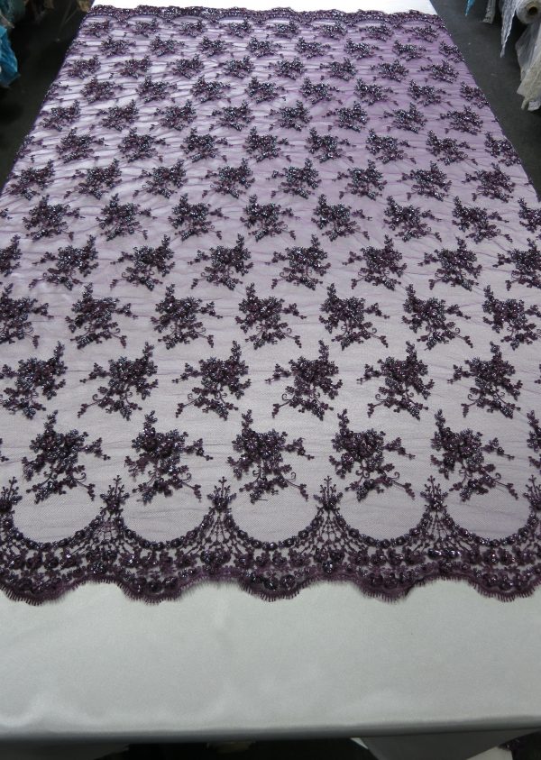 Purple Floral Embroidered Beaded Lace Sequin Mesh Fabric