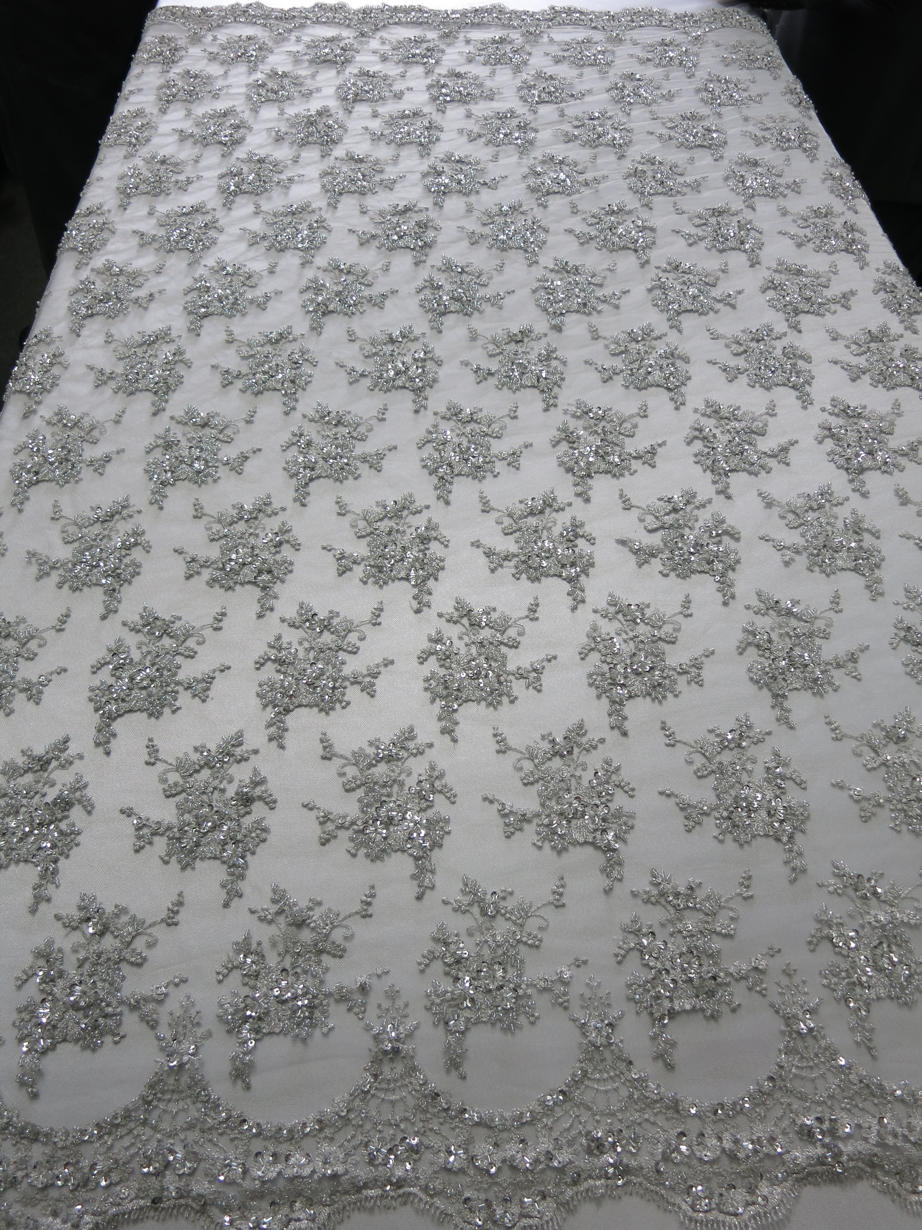 1 Meter Flower Embroidery Sequins Mesh Silver/White Lace Fabric Wide 54"