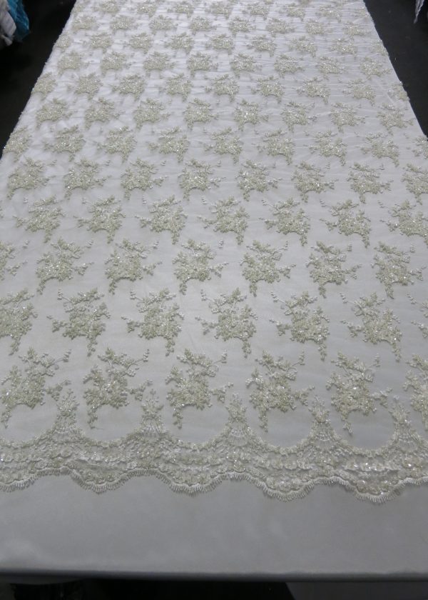 Ivory Floral Embroidered Beaded Lace Sequin Mesh Fabric