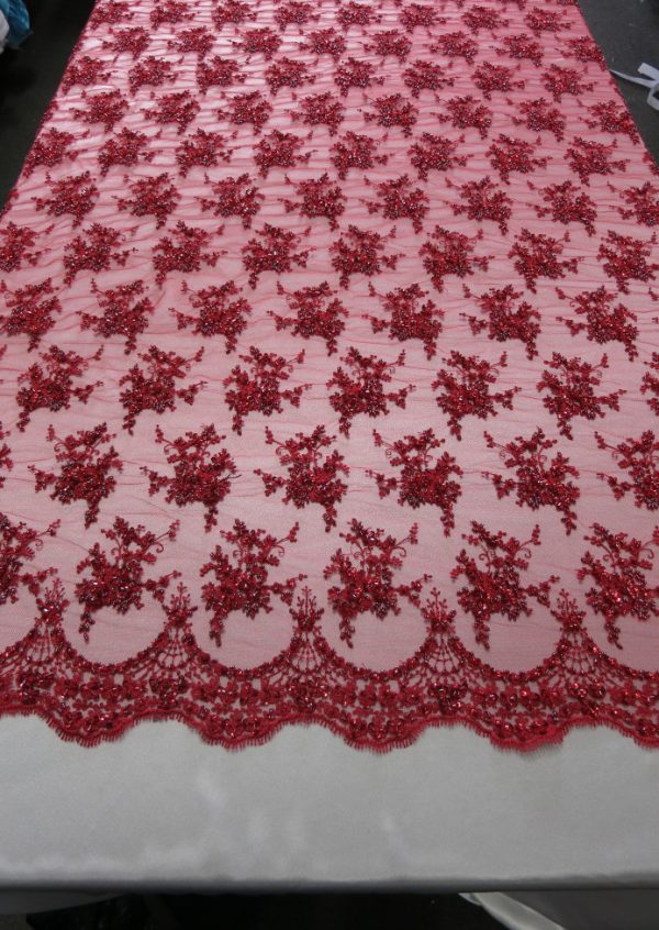 Red Floral Embroidered Beaded Lace Sequin Mesh Fabric