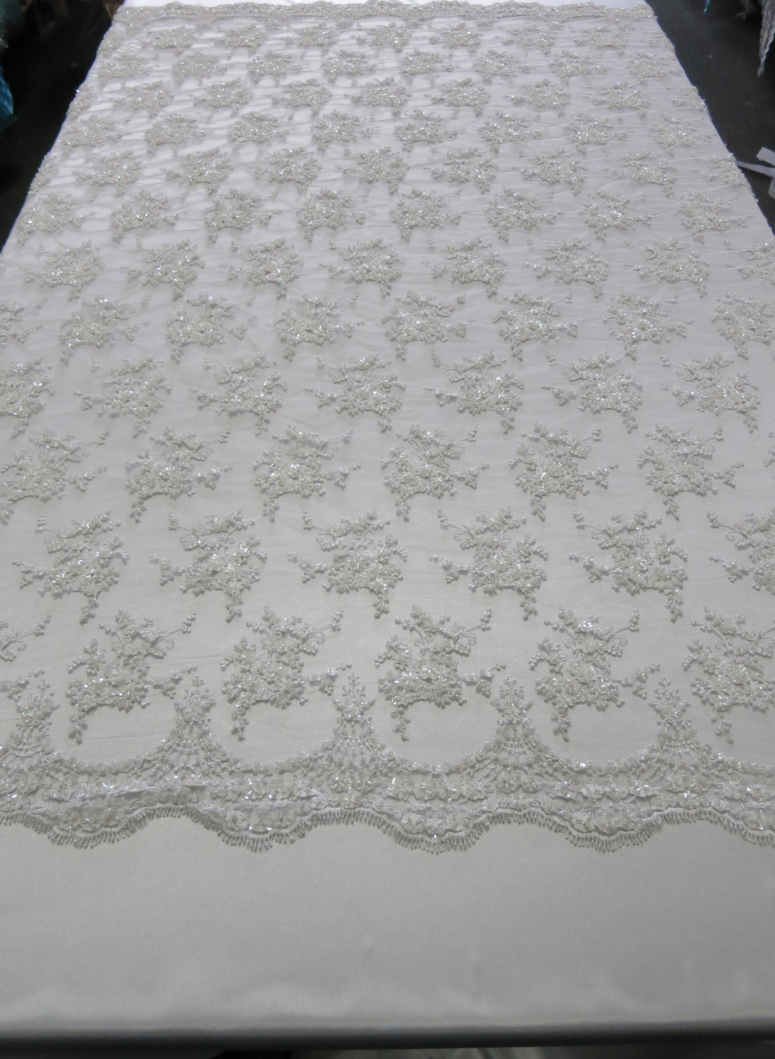 White Embroidered Beaded Floral Lace Sequin Mesh Fabric