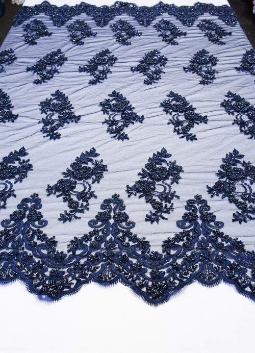 Navy Blue Embroidered Beaded Lace Sequin Mesh Fabric