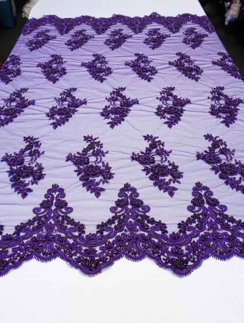 Purple Embroidered Beaded Lace Fabric