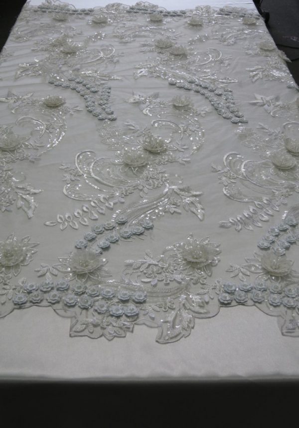 White Floral Embroidered Lace Beaded Sequin Mesh Fabric with Metallic Thread