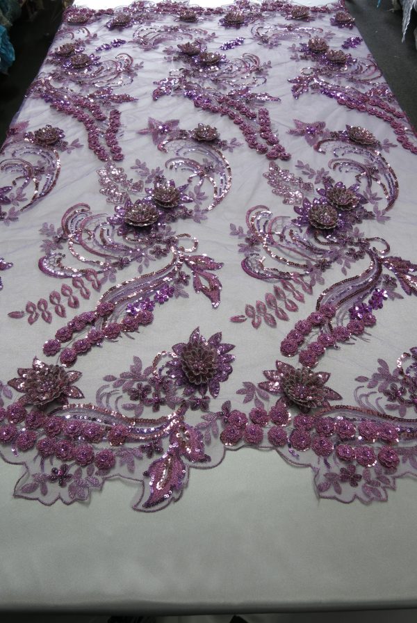Lavender 3D Beaded Embroidered Lace Sequin Mesh Fabric
