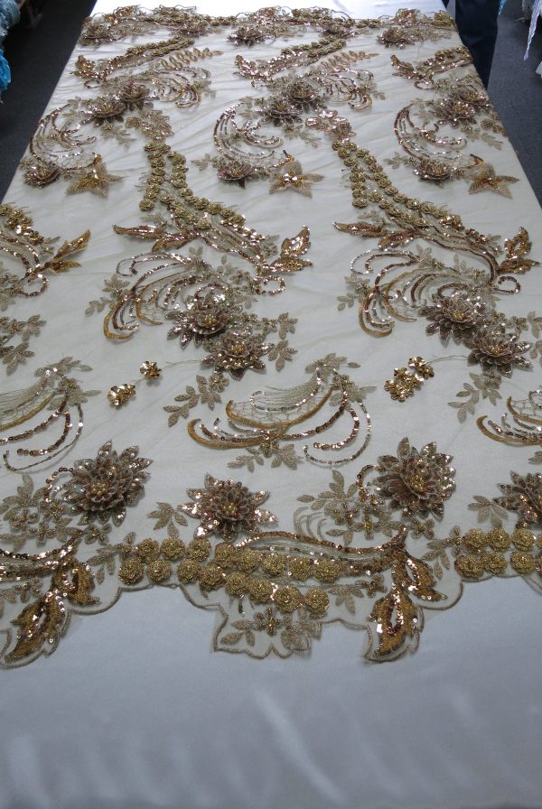 Bronze Embroidered Lace Beaded Sequin Mesh Fabric