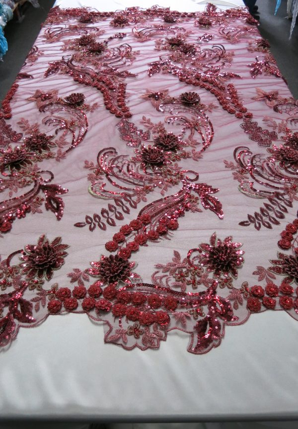 Burgundy 3D Beaded Embroidered Lace