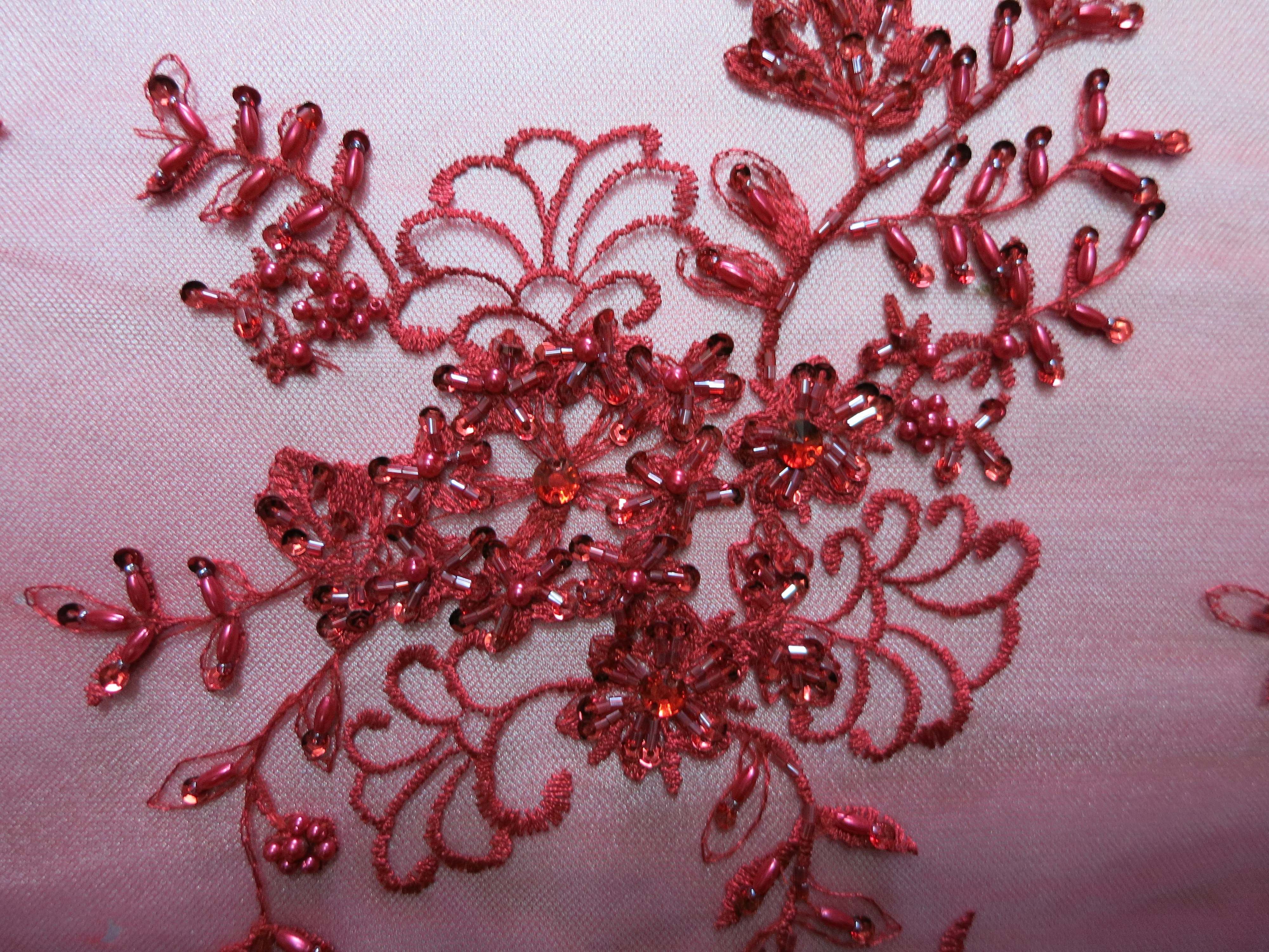 Red Mesh with Embroidery Beaded Lace Sequins