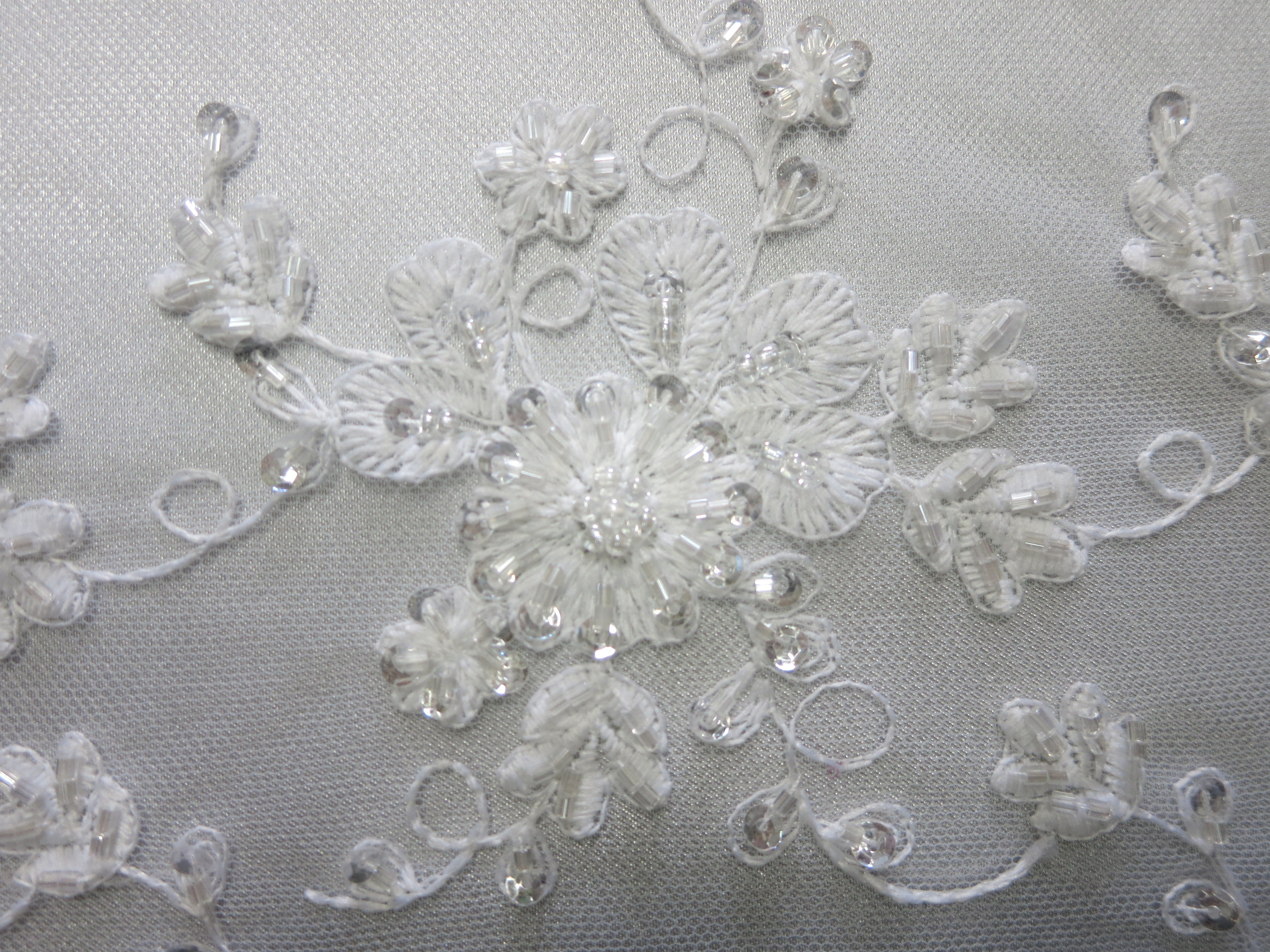 Pearl White Embroidered Beaded Sequin Lace Mesh Fabric