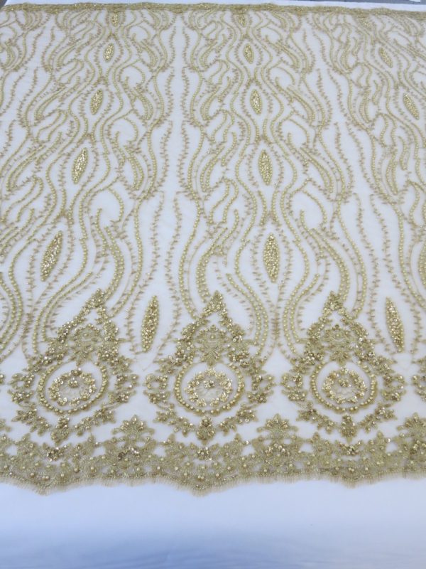 Gold Embroidered Beaded Sequin Mesh Fabric