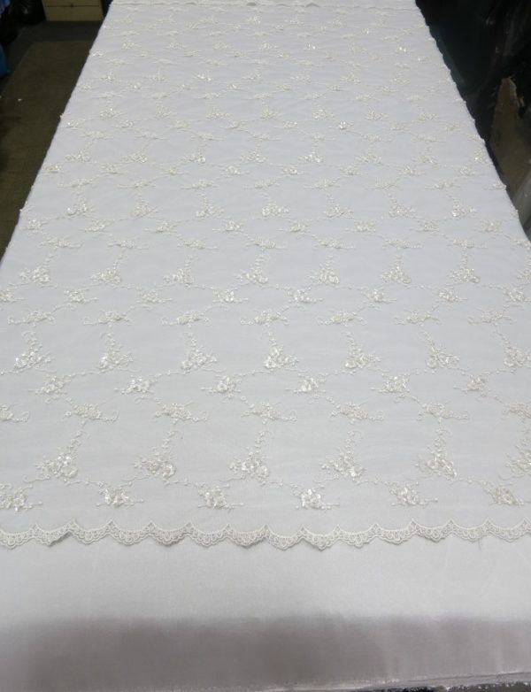 White Embroidered Beaded Lace Sequin Mesh Fabric