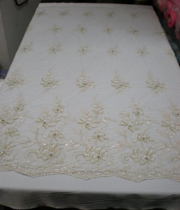 White Hand Beaded Embroidered Lace Mesh Fabric