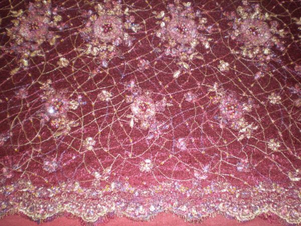 Burgundy Hand Beaded Lace on Spider Mesh