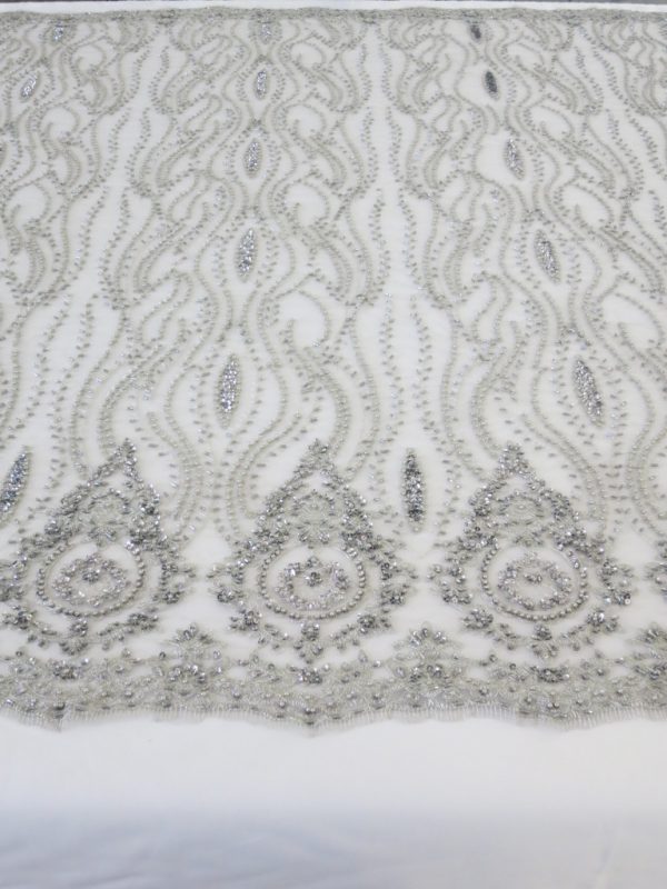 Silver Embroidered Beaded Sequin Mesh Fabric