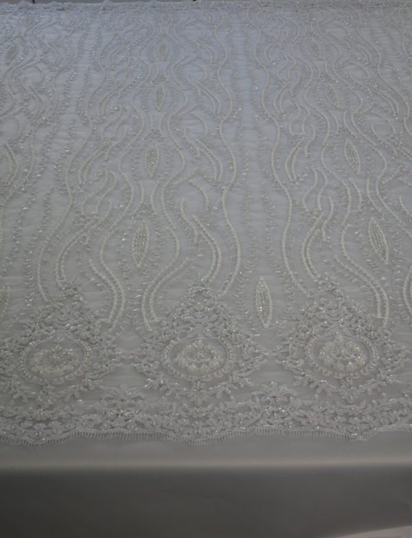 White Embroidered Beaded Sequin Mesh Fabric