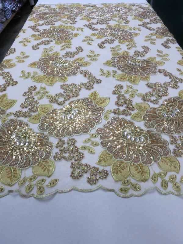 Gold Embroidered Beaded Lace Fabric