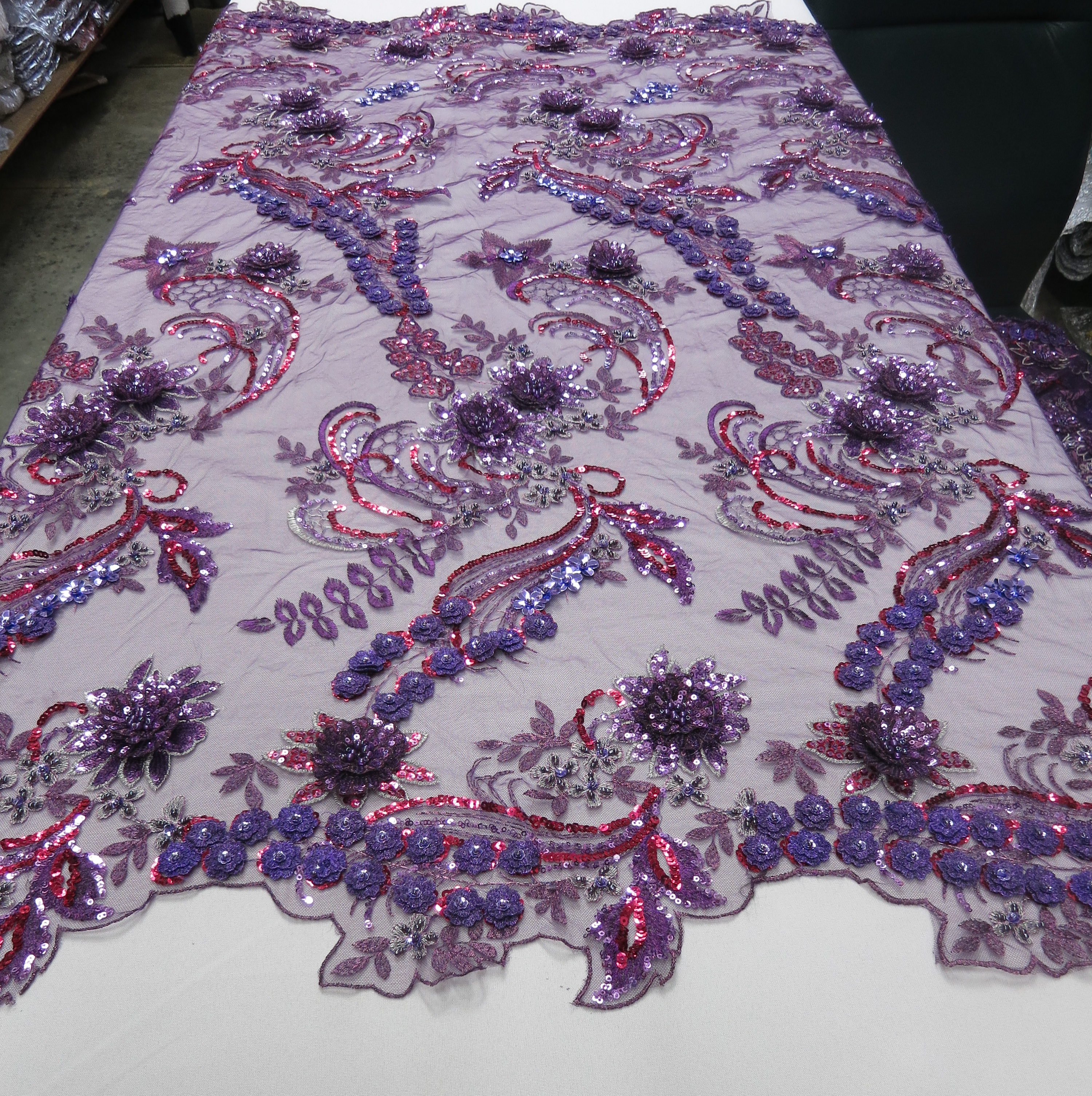 Purple Sequin Fabric - Embroidered 3D Beaded Lace Mesh Fabric