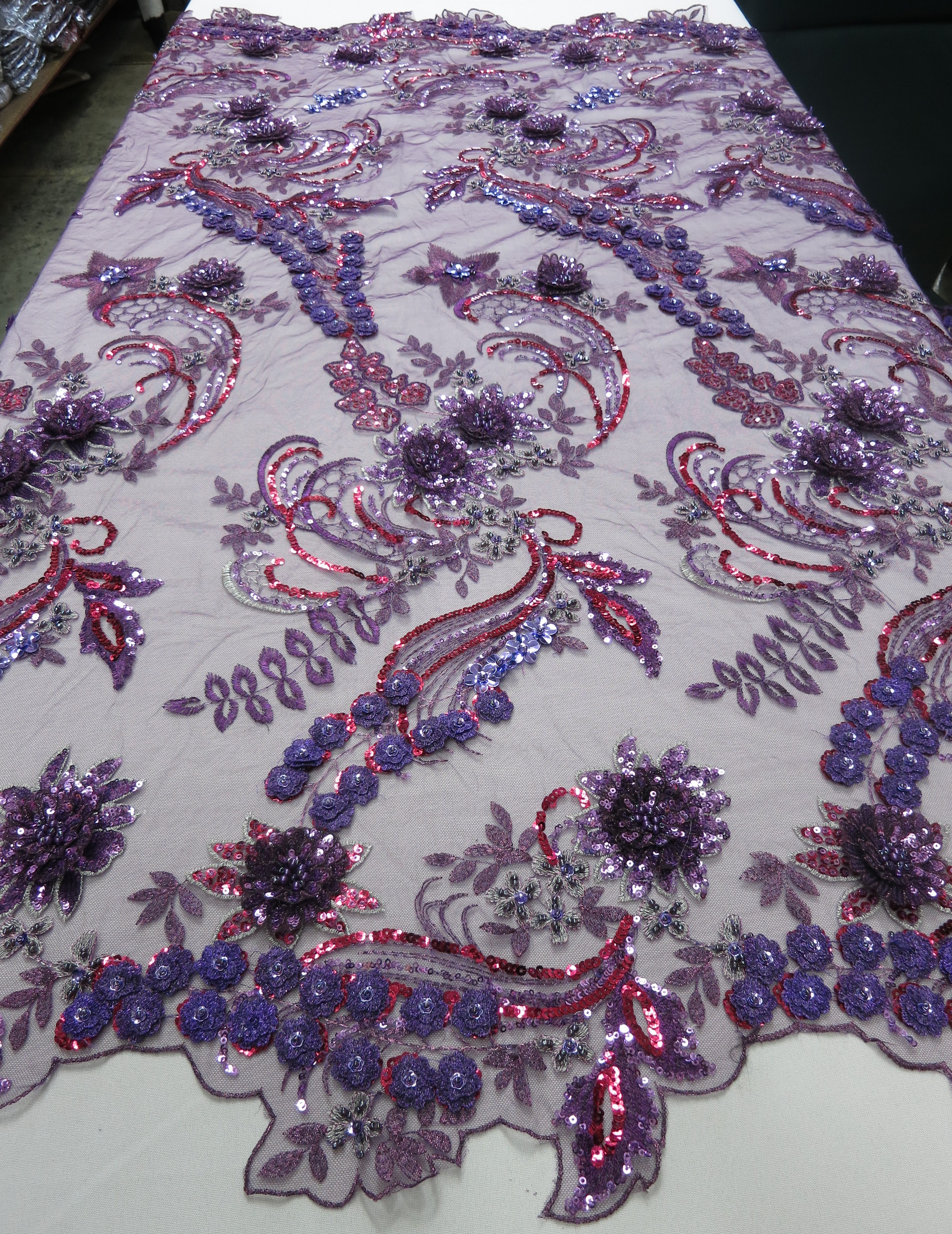 Purple Sequin Fabric - Embroidered 3D Beaded Lace Mesh Fabric