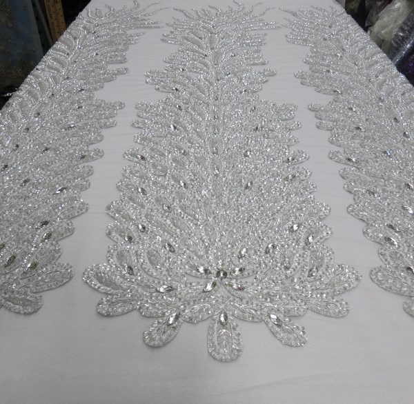 Silver Embroidered Beaded Lace Mesh Fabric with Crystal Beads