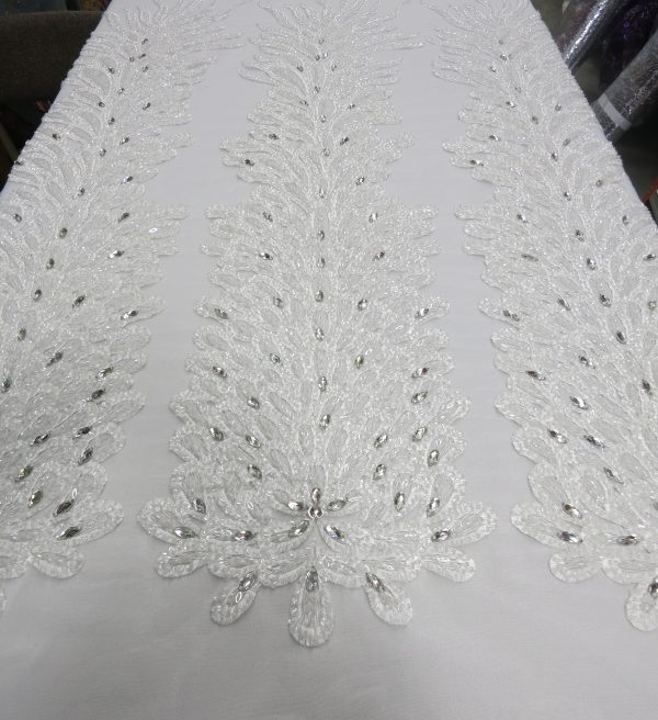 White Embroidered Beaded Lace Mesh Fabric with Crystal Beads