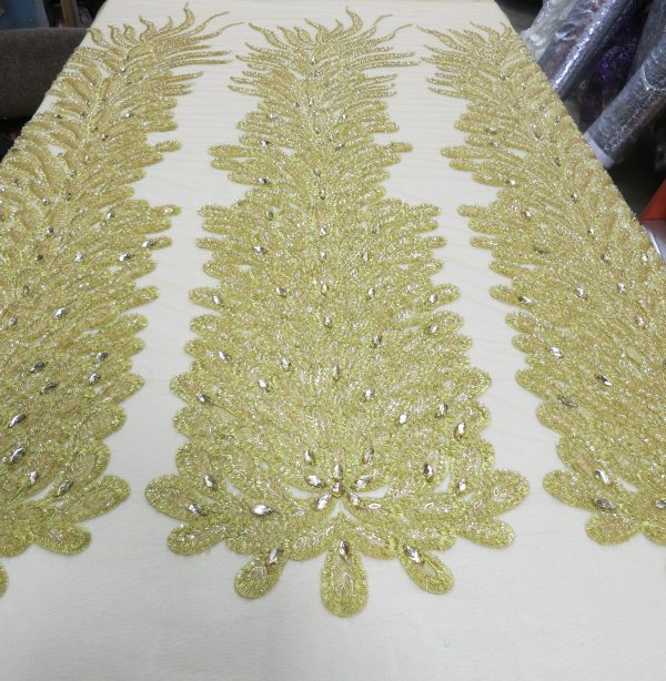 Gold Embroidered Beaded Lace Mesh Fabric with Crystal Beads