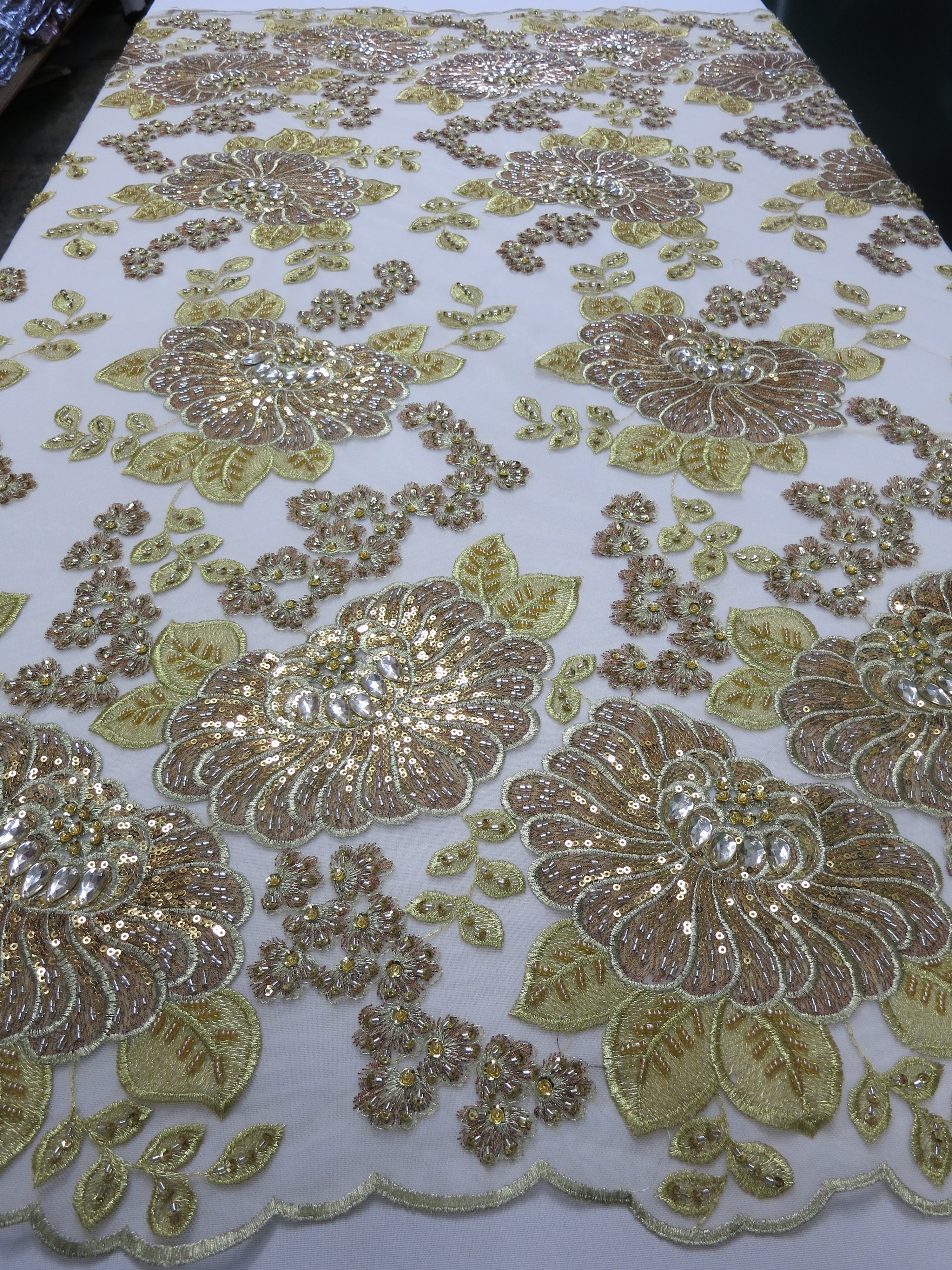 Gold Embroidered Beaded Lace Fabric: Sequins, Crystals, Flowers & Metallic  Thread