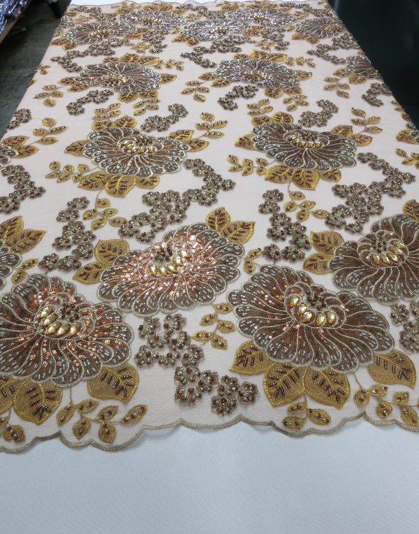 Bronze & Champagne Embroidered Beaded Lace Fabric