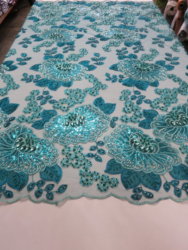 Turquoise Embroidered Beaded Lace Fabric