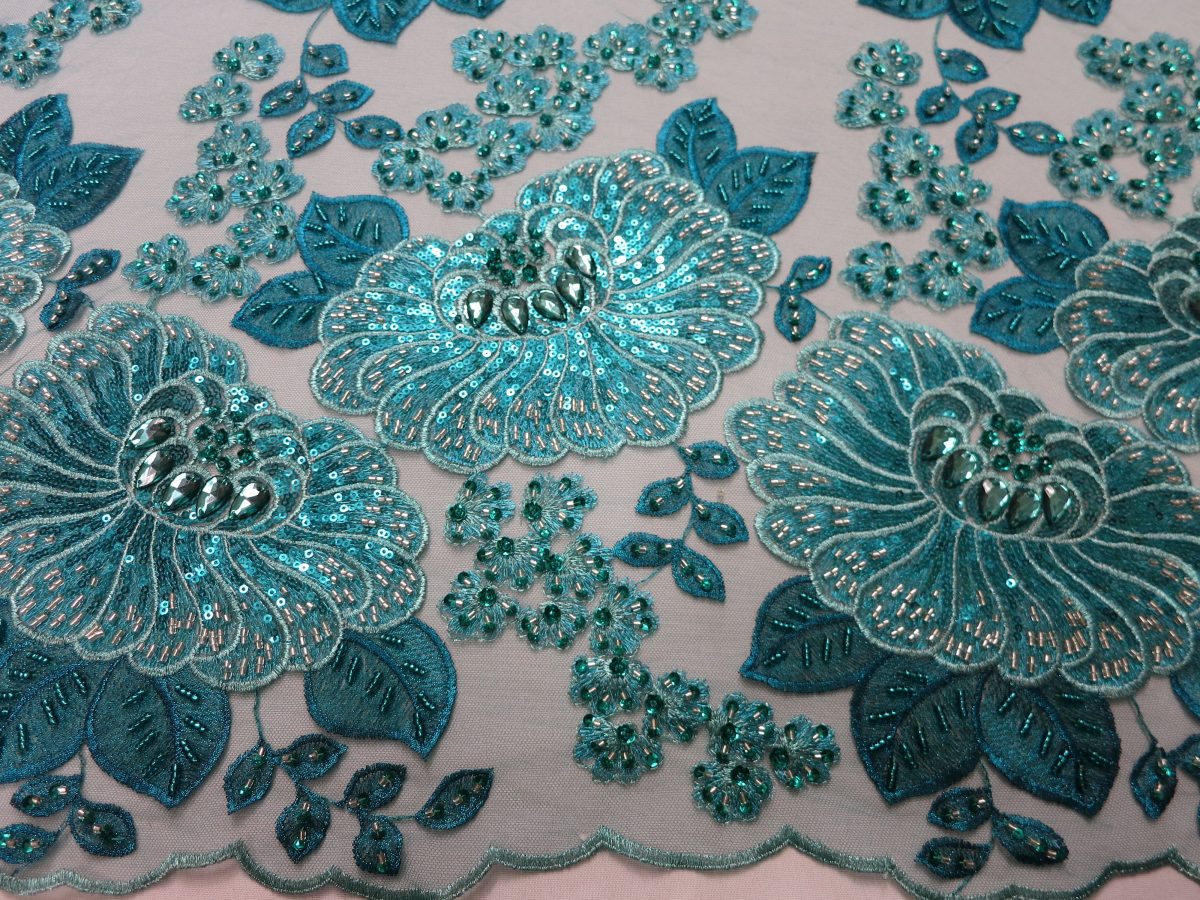 Turquoise Embroidered Beaded Lace Fabric: Sequins, Crystals, Flowers ...