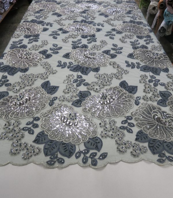 Silver & Charcoal Embroidered Beaded Lace Fabric