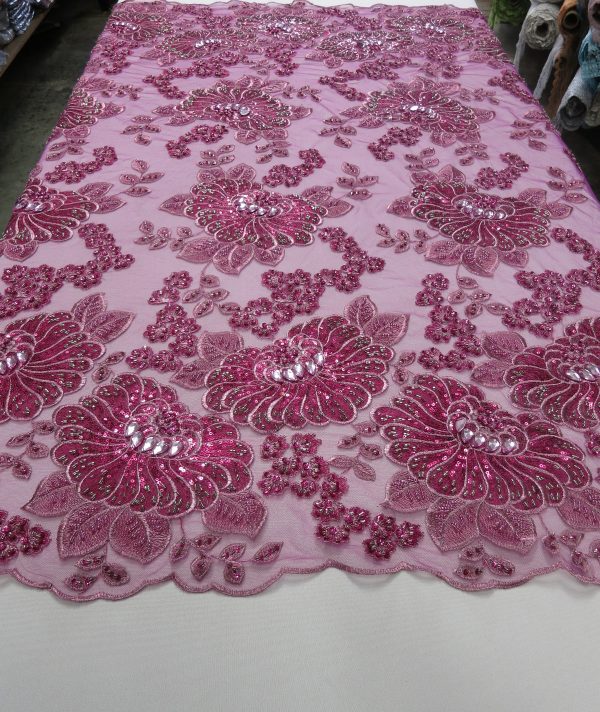 Fuchsia Embroidered Beaded Lace Fabric