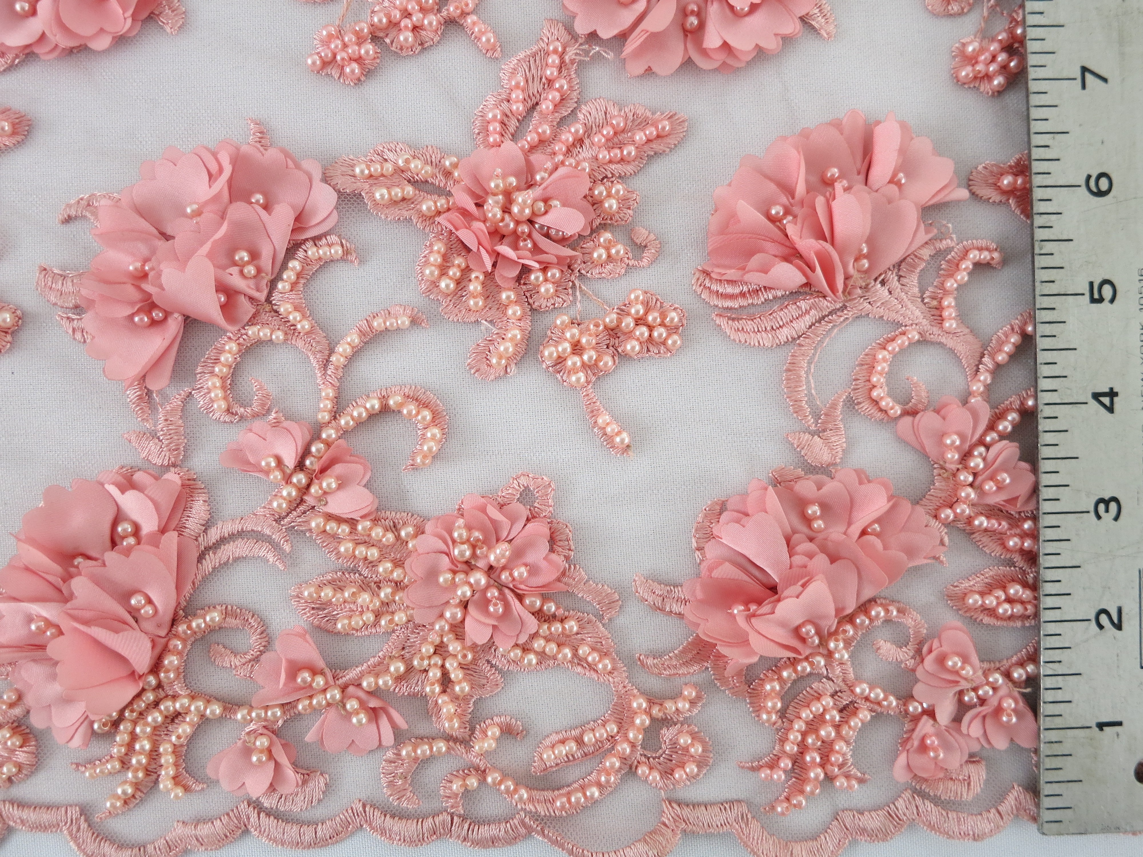 Coral Floral Beaded Embroidered Lace Mesh Fabric